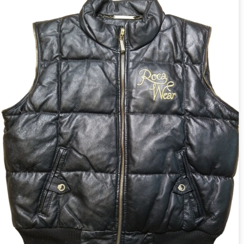 ROCA WEAR, BLACK LEATHER DOWN PUFFER BOMBER VEST, Sz: M